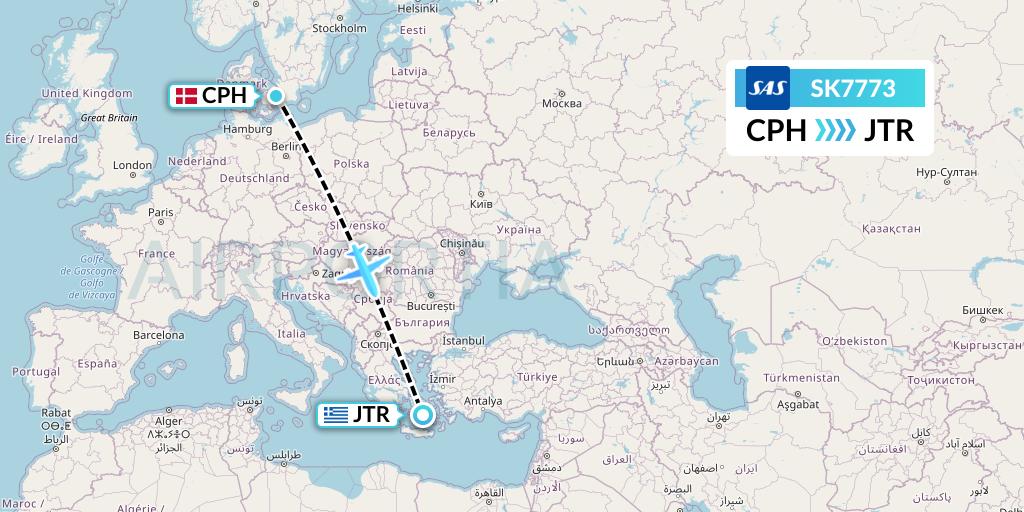 SK7773 SAS Flight Map: Copenhagen to Santorini