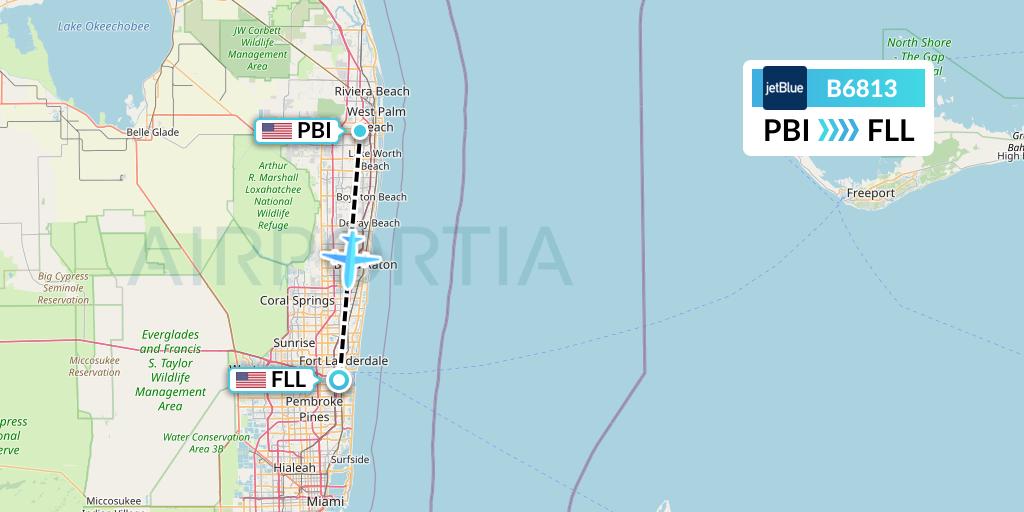B6813 JetBlue Airways Flight Map: West Palm Beach to Fort Lauderdale