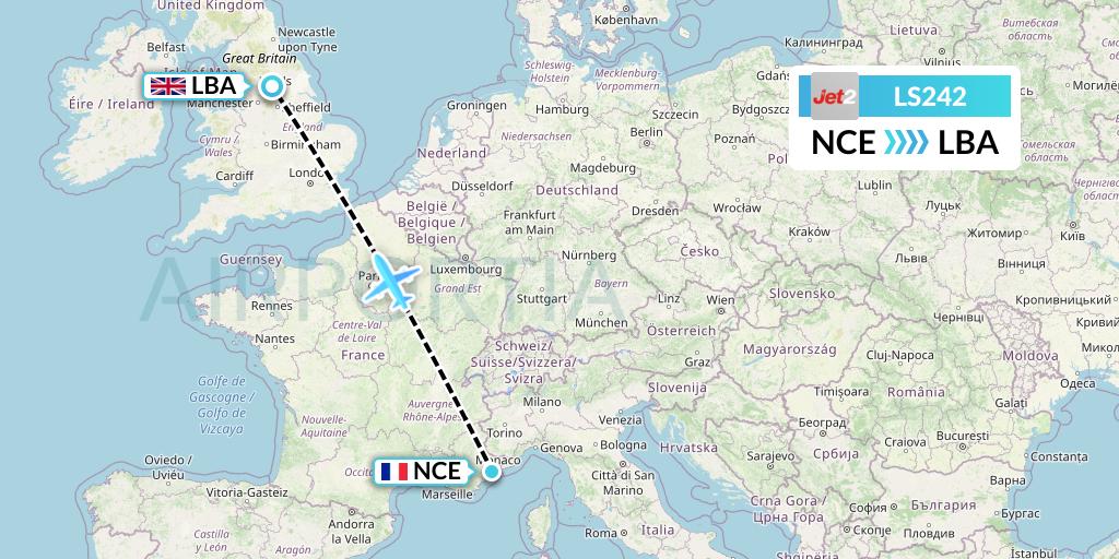 LS242 Jet2 Flight Map: Nice to Leeds