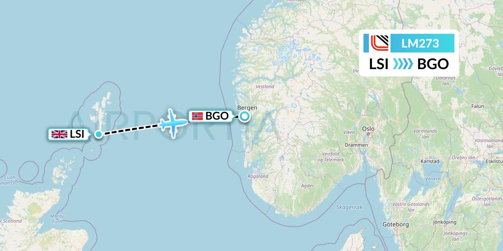 LM273 Loganair Flight Map: Sumburgh to Bergen