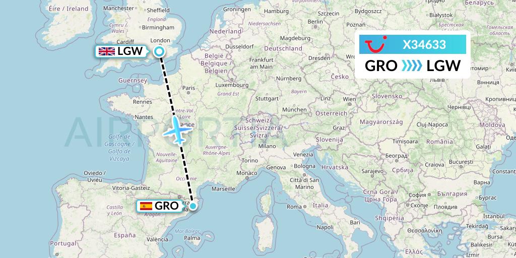 X34633 TUI fly Germany Flight Map: Girona to London