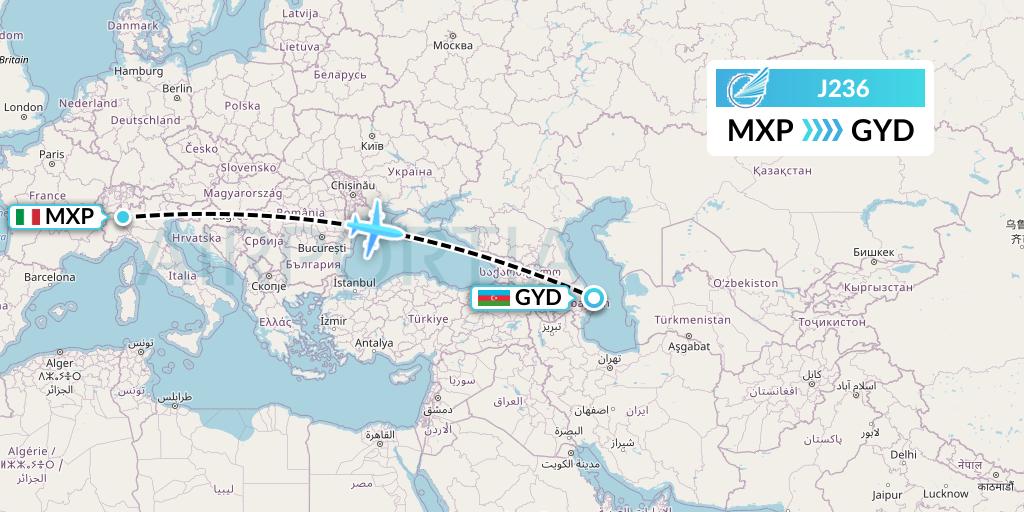 J236 Azerbaijan Airlines Flight Map: Milan to Baku