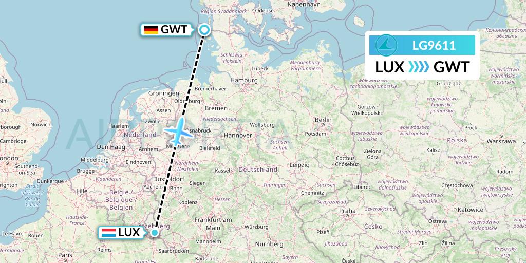 LG9611 Luxair Flight Map: Luxembourg to Sylt