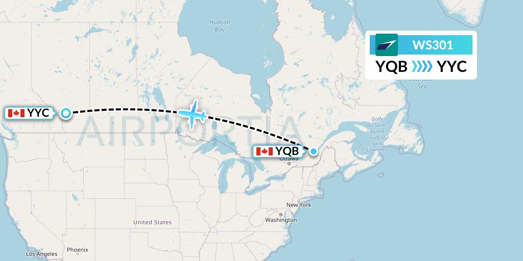 WS301 WestJet Flight Map: Quebec to Calgary