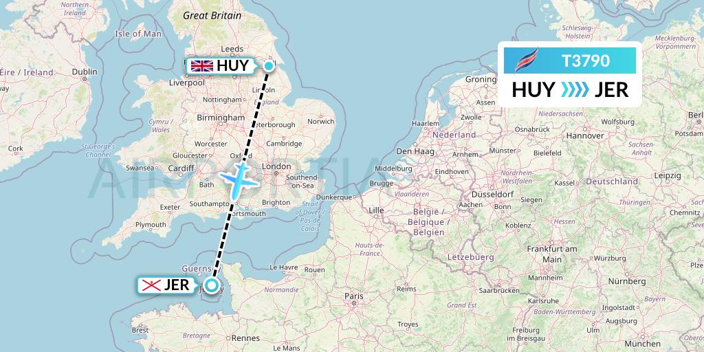 T3790 Eastern Airways Flight Map: Humberside to Jersey
