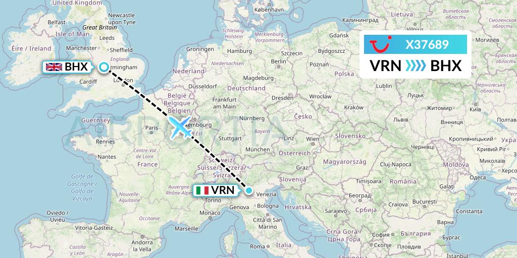 X37689 TUI fly Germany Flight Map: Verona to Birmingham