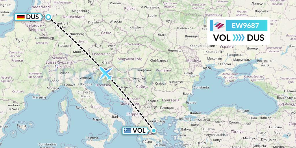 EW9687 Eurowings Flight Map: Volos to Dusseldorf