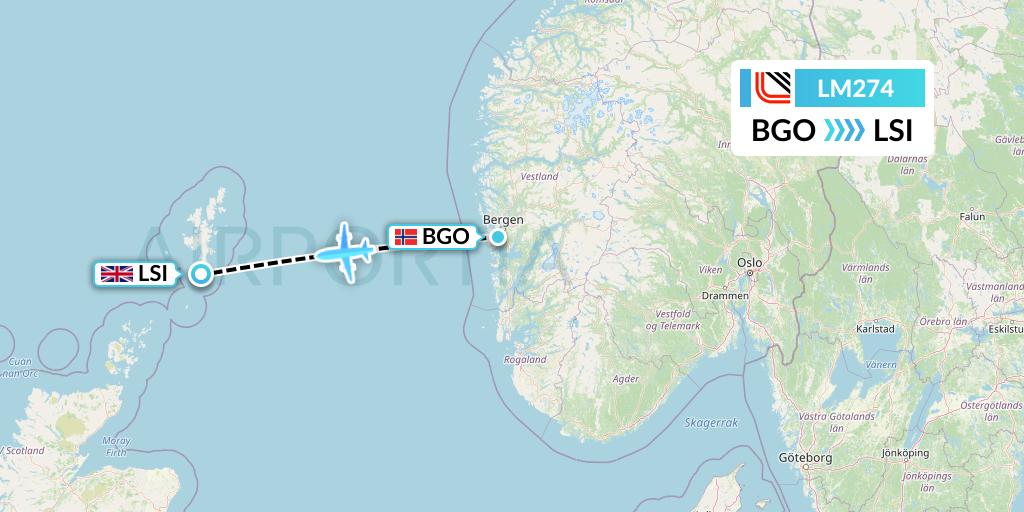 LM274 Loganair Flight Map: Bergen to Sumburgh