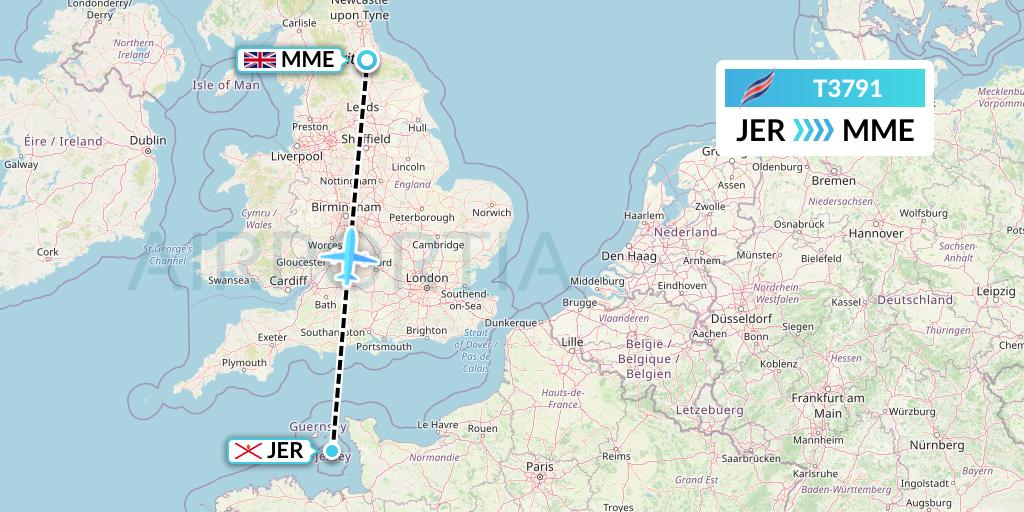 T3791 Eastern Airways Flight Map: Jersey to Darlington