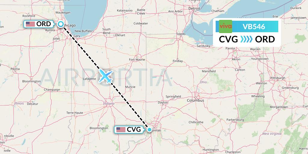 VB546 VivaAerobus Flight Map: Cincinnati to Chicago