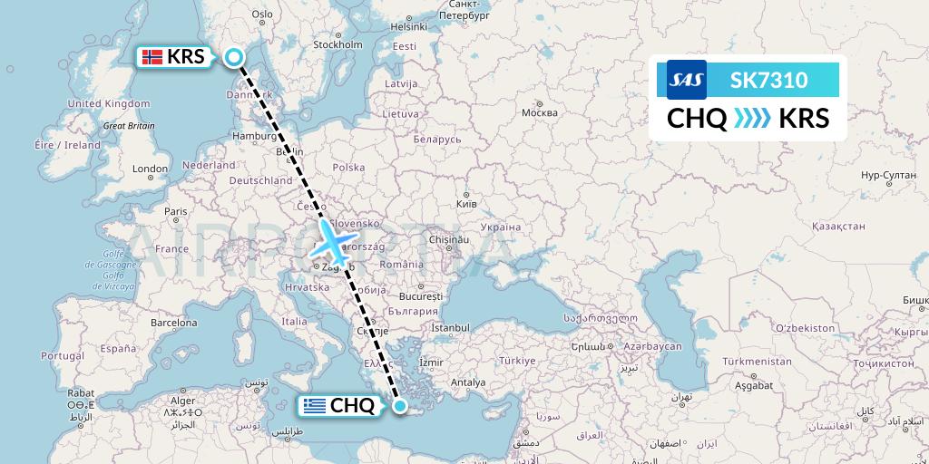 SK7310 SAS Flight Map: Chania to Kristiansand
