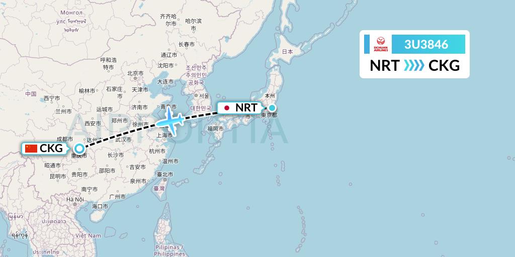 3U3846 Sichuan Airlines Flight Map: Tokyo to Chongqing