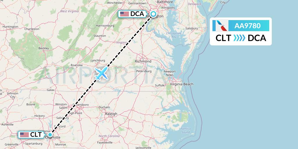 AA9780 American Airlines Flight Map: Charlotte to Washington