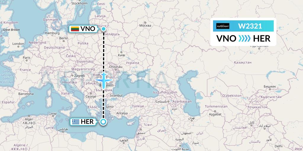 W2321 Flex Flight Flight Map: Vilnius to Heraklion