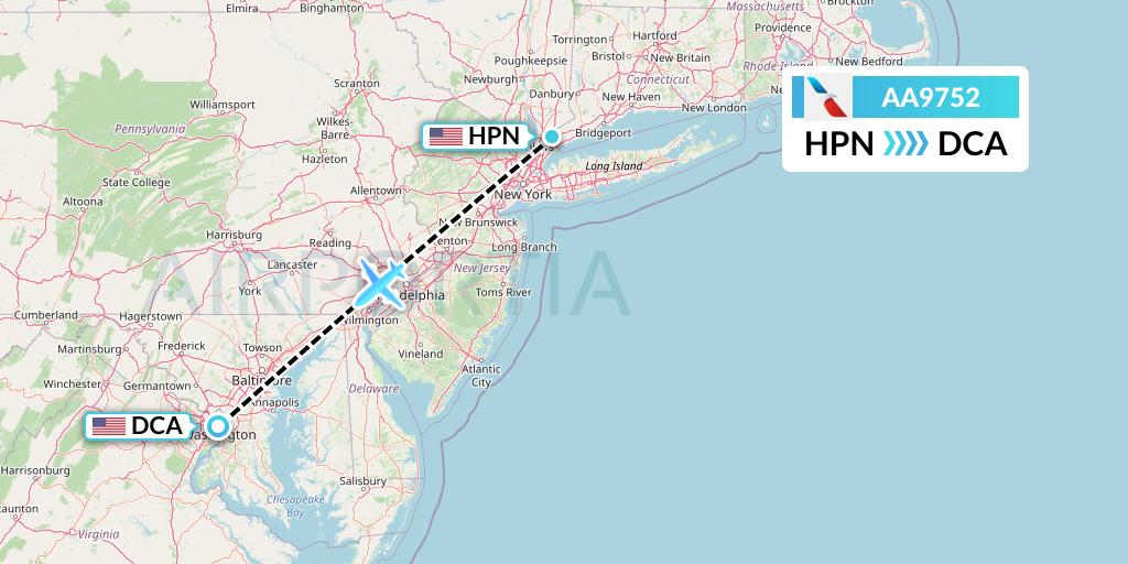 AA9752 American Airlines Flight Map: White Plains to Washington