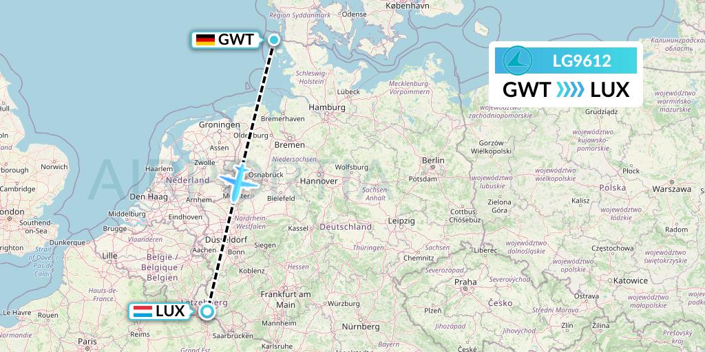 LG9612 Luxair Flight Map: Sylt to Luxembourg