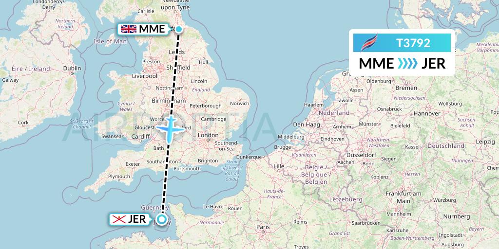 T3792 Eastern Airways Flight Map: Darlington to Jersey