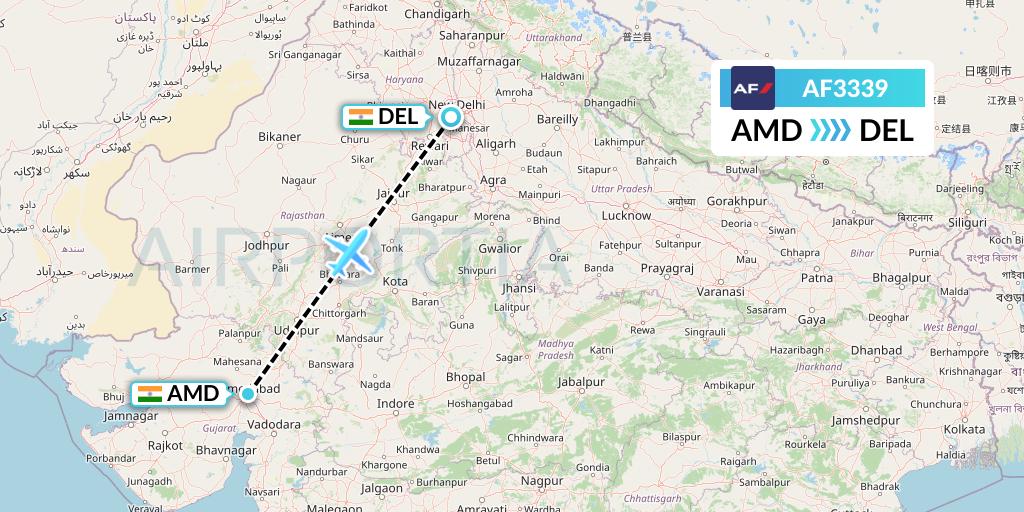 AF3339 Air France Flight Map: Ahmedabad to Delhi