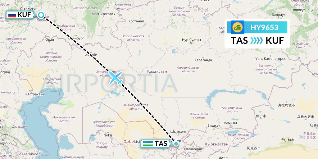 HY9653 Uzbekistan Airways Flight Map: Tashkent to Samara