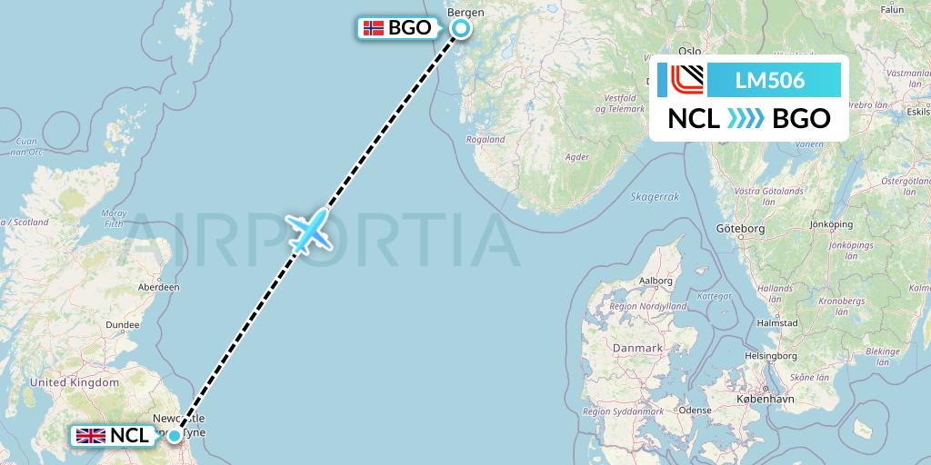 LM506 Loganair Flight Map: Newcastle to Bergen