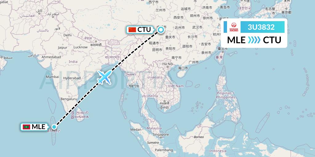 3U3832 Sichuan Airlines Flight Map: Male to Chengdu