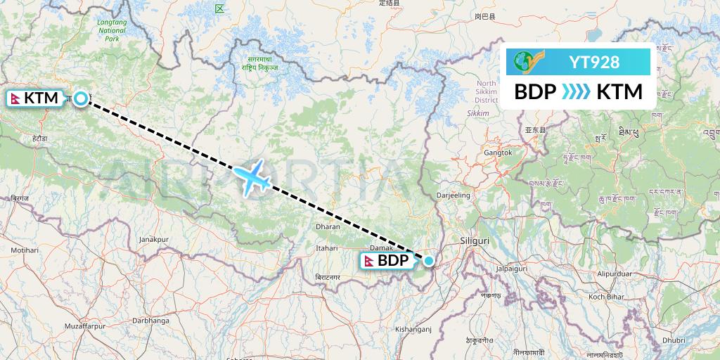 YT928 Yeti Airlines Flight Map: Bhadrapur to Kathmandu