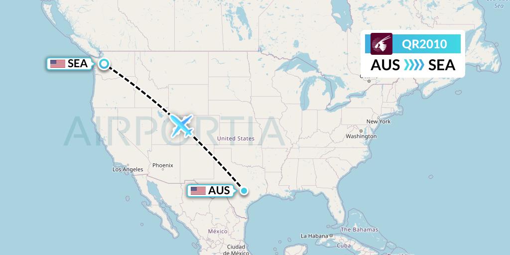 QR2010 Qatar Airways Flight Map: Austin to Seattle