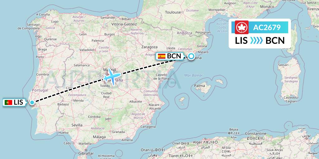 AC2679 Air Canada Flight Map: Lisbon to Barcelona