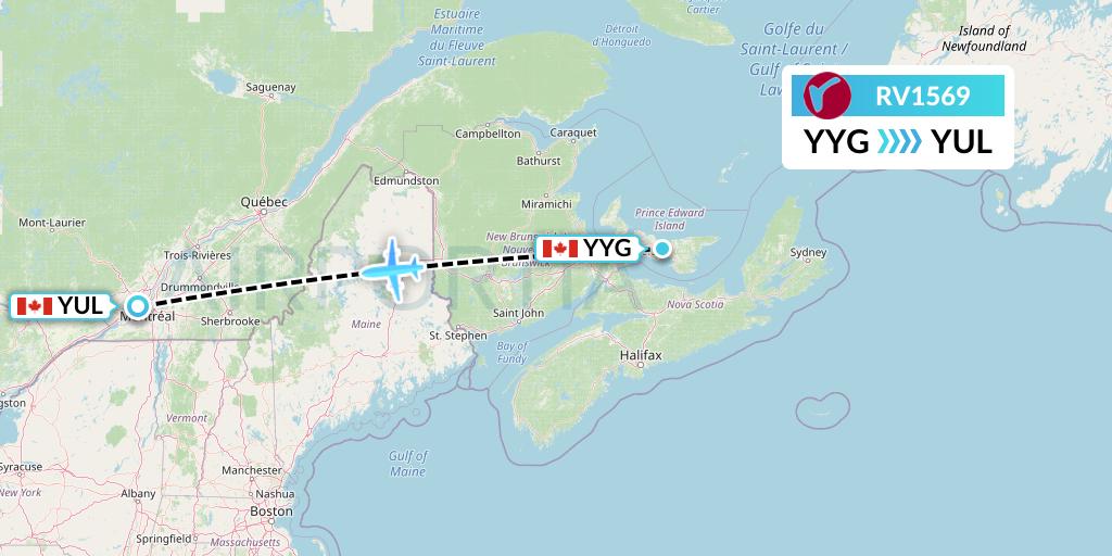 RV1569 Air Canada Rouge Flight Map: Charlottetown to Montreal