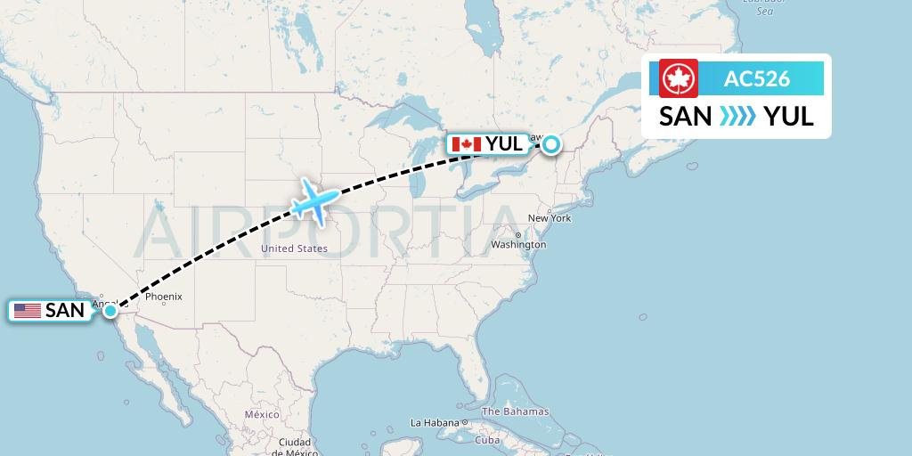 AC526 Air Canada Flight Map: San Diego to Montreal