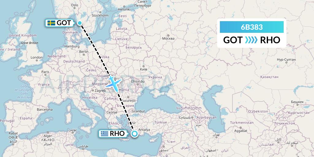 6B383 TUI fly Nordics Flight Map: Gothenburg to Rhodes