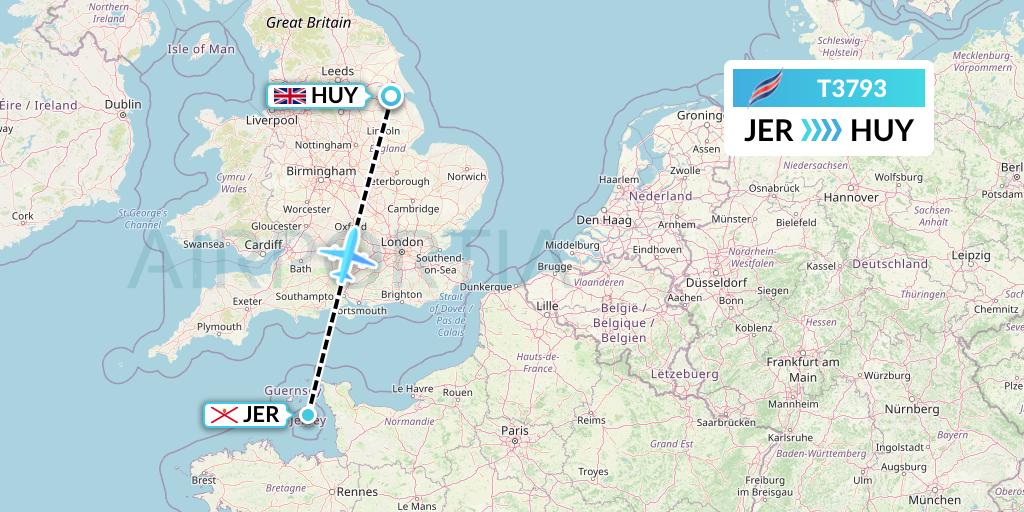 T3793 Eastern Airways Flight Map: Jersey to Humberside
