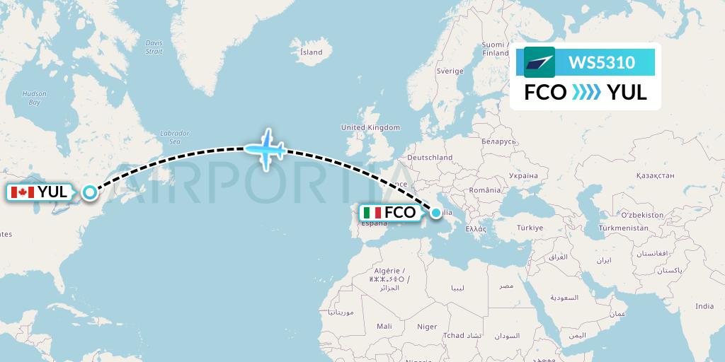 WS5310 WestJet Flight Map: Rome to Montreal