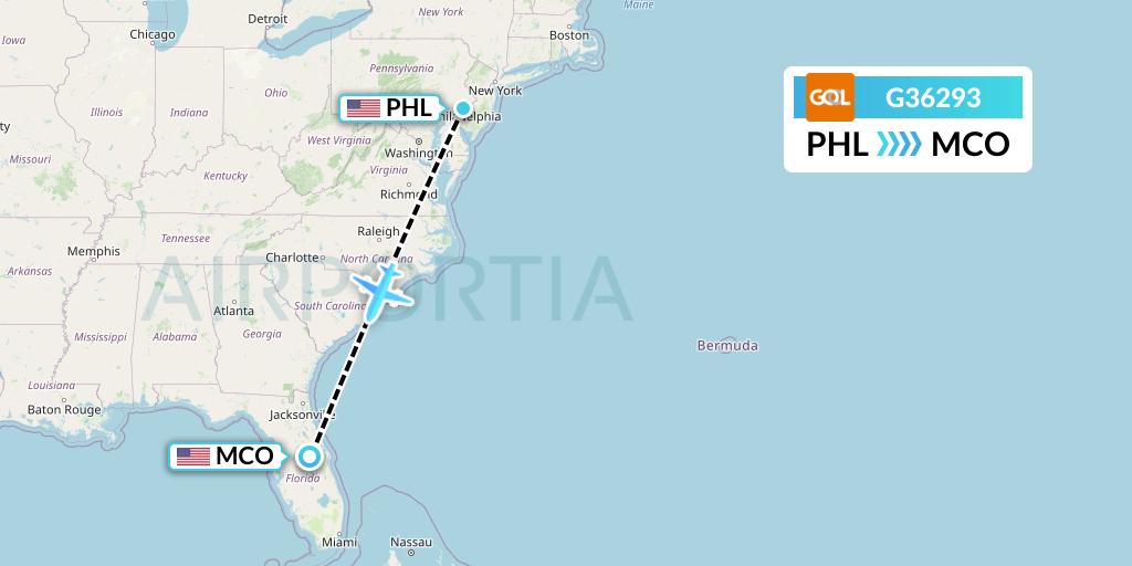 G36293 GOL Transportes Aeros Flight Map: Philadelphia to Orlando