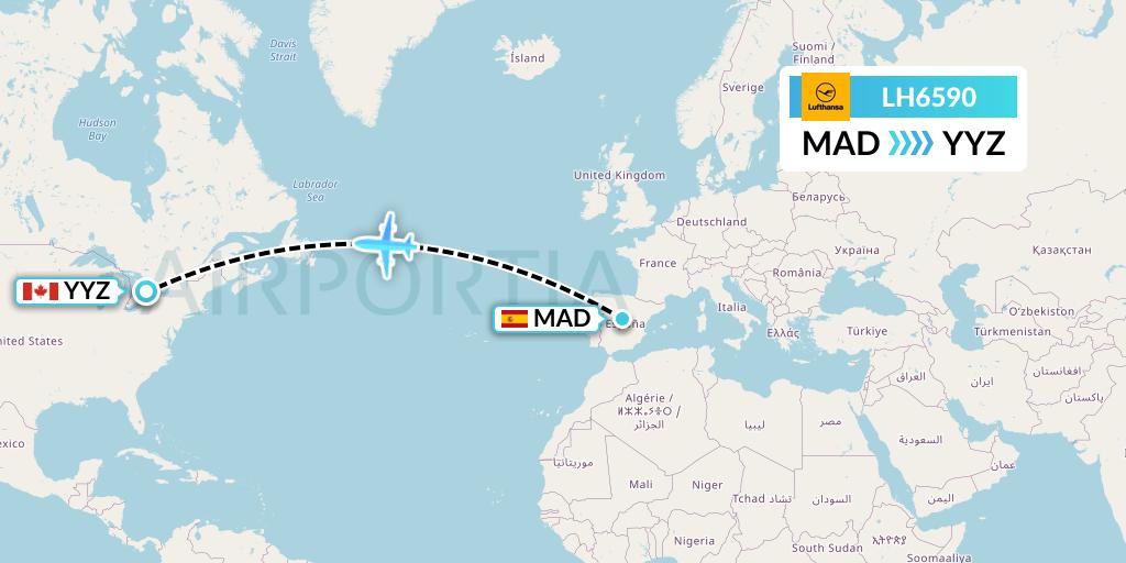 LH6590 Lufthansa Flight Map: Madrid to Toronto