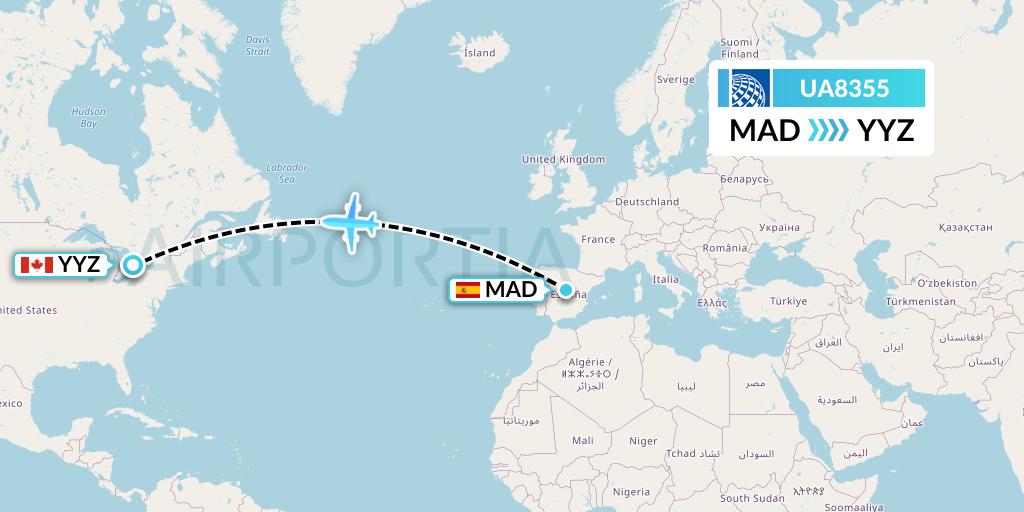 UA8355 United Airlines Flight Map: Madrid to Toronto