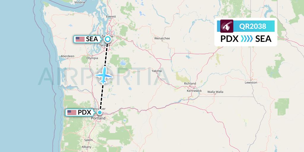 QR2038 Qatar Airways Flight Map: Portland to Seattle