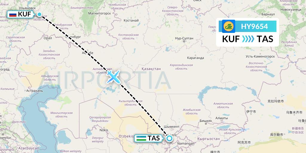HY9654 Uzbekistan Airways Flight Map: Samara to Tashkent