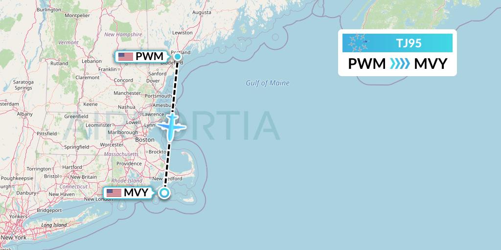 TJ95 Tradewind Aviation Flight Map: Portland to Martha's Vineyard