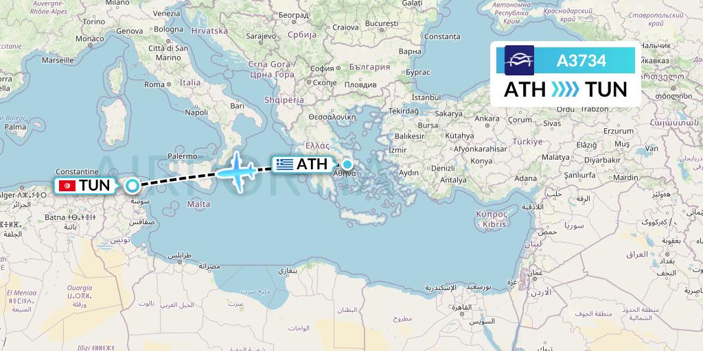 A3734 Aegean Airlines Flight Map: Athens to Tunis