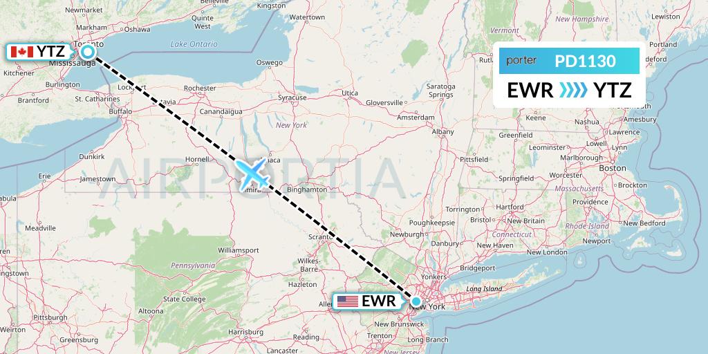 PD1130 Porter Airlines Flight Map: New York to Toronto