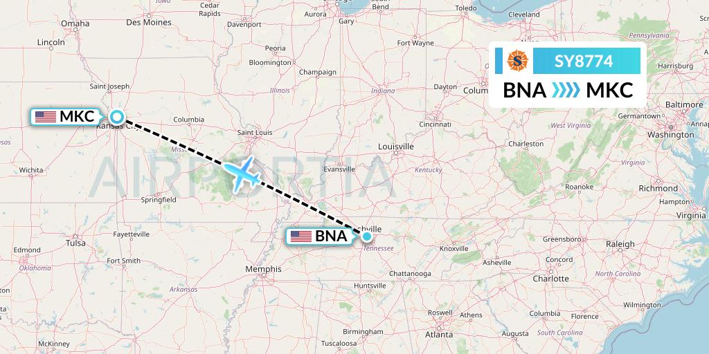 SY8774 Sun Country Airlines Flight Map: Nashville to Kansas City