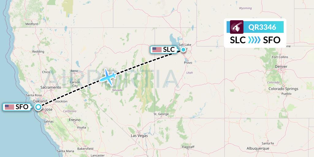 QR3346 Qatar Airways Flight Map: Salt Lake City to San Francisco