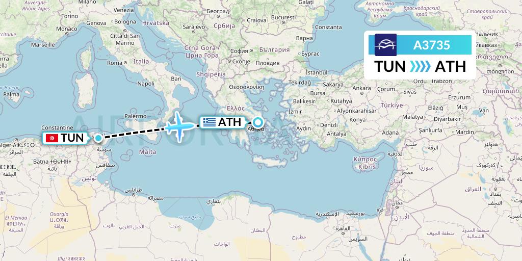 A3735 Aegean Airlines Flight Map: Tunis to Athens