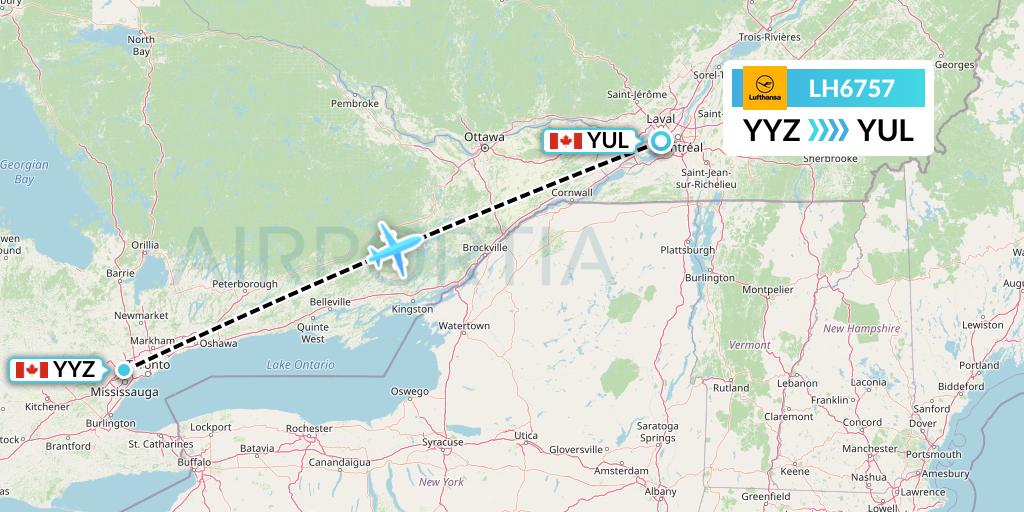 LH6757 Lufthansa Flight Map: Toronto to Montreal