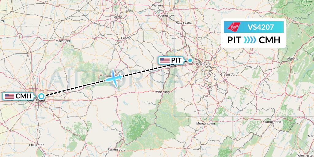 VS4207 Virgin Atlantic Airways Flight Map: Pittsburgh to Columbus