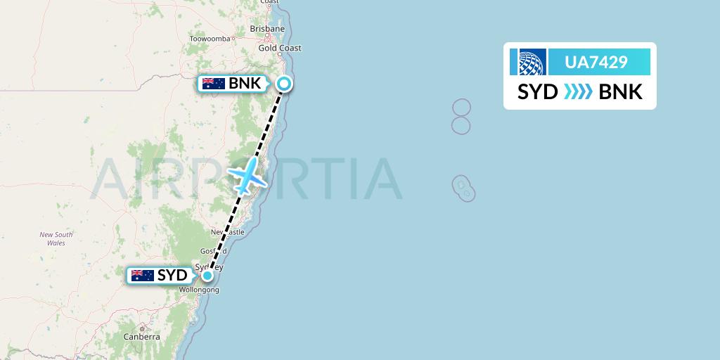 UA7429 United Airlines Flight Map: Sydney to Ballina