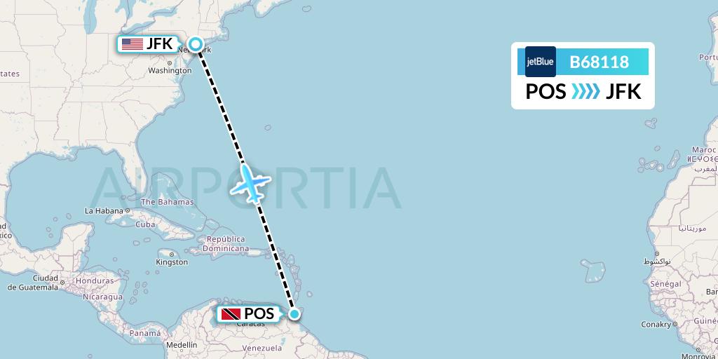 B68118 JetBlue Airways Flight Map: Port of Spain to New York