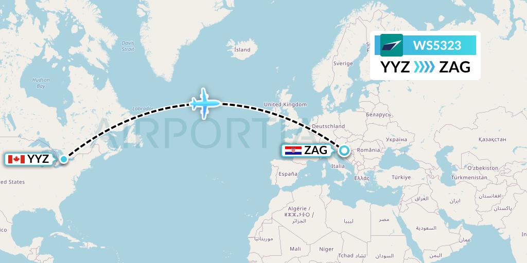 WS5323 WestJet Flight Map: Toronto to Zagreb
