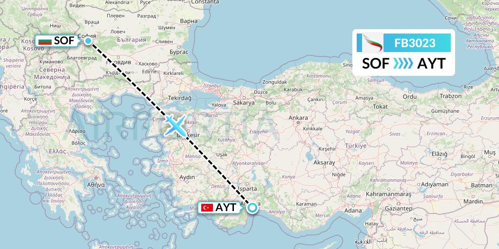 FB3023 Bulgaria Air Flight Map: Sofia to Antalya